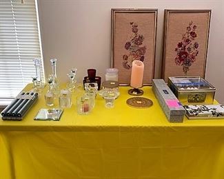 Vintage needle point, candles, candle holders