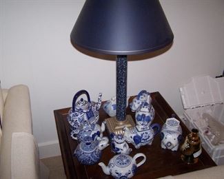 BLUE &  WHITE TEA POTS & LAMP