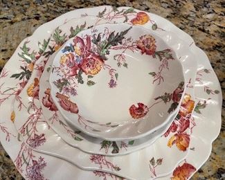 Set of Royal Doulton Sherborne pattern floral dishes, service for 12: dinner plate, square dessert plate, bread plate, fruit bowl, soup bowl; open vegetable bowl, 2 gravy boats, cups & saucers.