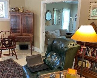 Paymaster's Desk, SOLD; Windsor armchair, SOLD, antique needlepoint pillow, Victorian cottage side table, large area rug (recliner, floor lamp & bookcase, desk & print, NFS).