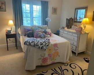 White painted antique shabby chic dresser, mirror (NFS), mahogany nightstand, modern area rug (bed, lamps, artwork, NFS)