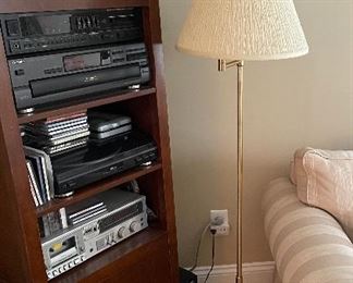Asian style newer stereo cabinet, 2 components: turn table & double cassette deck (cd player & receiver, NFS), (W.  German shelf clock w/Westminster chimes, SOLD).  brass floor lamp with silk shade.