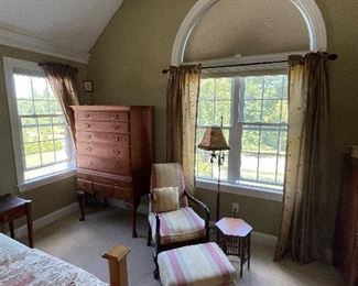 Vintage 50s Cherry tall boy (matches double dresser in another photo), made in Massachusetts; antique mahogany stand w/drawer, SOLD - chair/ottoman; wrought iron bridge lamp. (Bed NFS)