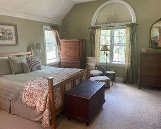 Tall boy, SOLD - chair & ottoman, antique blanket chest, mid 19th c. walnut tall chest of drawers, French painted wall mirror (bed, NFS).