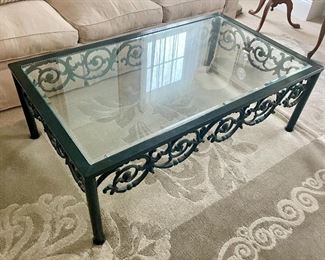 Wrought iron & glass  designer cocktail table.