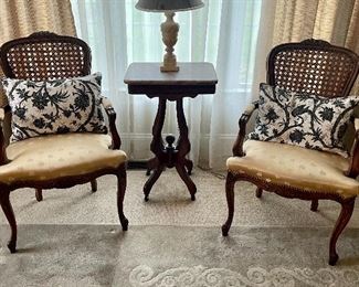 Pair French armchairs, Victorian marble topped side table, alabaster table lamp.