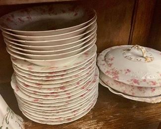 GDA & Haviland French Limoges, pink floral, embossed rims, service for 8 + serving pieces, 64 total. Other Haviland Limoges pieces. 