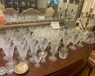 Waterford crystal stemware, Adare pattern: waters, wines, sherbets, champagnes (12 of each style), on the rocks tumblers (4), 1 bowl, & 2 aperitifs (Linsmore pattern).