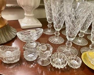 Pressed & cut glass salts, master salt, Waterford crystal stemware.