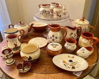 Torquay (English) mottoware, & Pennsylvania Dutch handmade mottoware, 1940s+. Plus huge collection of Stangl Pottery (Fruit, Fruit & Flowers, Chickory, Blueberry, Country Garden), 1940-50s California Cleminsons pieces, German canister set, etc.