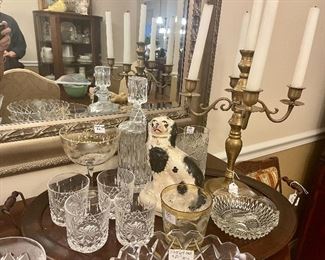 Waterford Adare pattern, on the rocks glasses (4), antique English Staffordshire Spaniel, brass candelabrum, SOLD -  Moser glass, decanter, cut glass high boy tumblers, etched compote, mahogany tray.