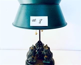 BRONZE FROG LAMP WITH METAL SHADE. 18”t.  $99