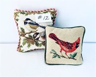 TWO NEEDLEPOINT PILLOWS.
9w x 10t , 8w x 8t    See back photo for imperfections. $22. 