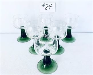 6-  German Roemer green beehive wine stems. ( one tiny lip chip).  5.5” t. $55