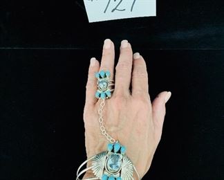 Chaco Canyon turquoise and topaz princess cuff bracelet/ring.   $400