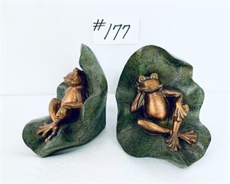 Resin and brass frog bookends. 6”t
Pair. $35