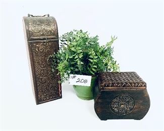 Lot. Wine carrier. Plant and wooden box. 6-14”t. $24