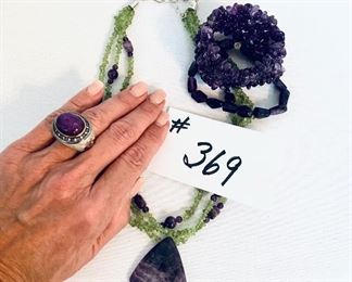 Purple lot- necklace 8-10” with sterling clasp. 2 bracelets. JB ring size 7.5. 
$ 55