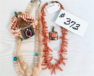 Pink/Coral lot. Sterling clasp necklaces. 1 Le Bernard  8” L.  Pendant 925. Bronze gypsy bracelet. $ 85