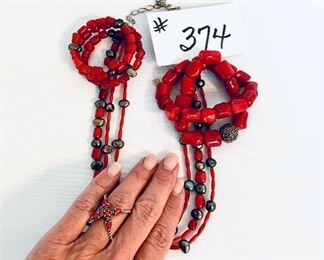 Red lot- necklace 8”   2 barse bracelets.   Carolyn pollack ring. Size 9 set $70