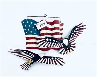 Metal flag and two eagles. 10-13” w
Set $38