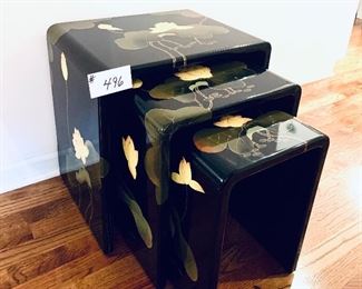 Black lacquer nesting tables. Lotus design. 
20w 20t 14.5 d  minor scratching. $425 