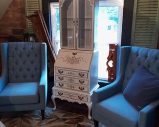 Pair of Blue tufted wingback chairs