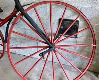Antique 1870's Shire Boneshaker wooden and iron bar bicycle, front wheel