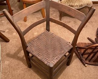 Unusual Antique Wicker Bottom Corner Chair