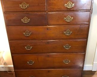-Early American solid cherry wood flat top highboy with 8 drawers