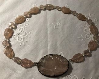 Antique Sterling Rose Quartz necklace with mini deep sea pearls