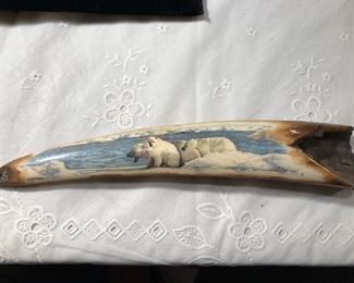 Petrified Walrus ivory tusk with handpainting