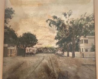 Watercolour of Main Street in Jacksonville, Florida showing rail line to the ferries
