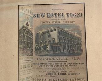 Advertisement framed for an early Jacksonville Florida hotel