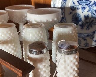 Lots of white hobnail - Blue Onion plate is antique (we think)