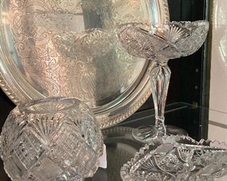 Cut glass compote, rose bowl and SP tray