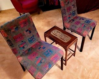 Pair of mid century chairs in cool fabric