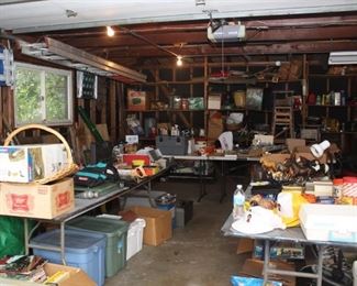 Garage full of stuff including 2 Aquariums and Camping Gear