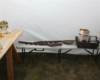 Giant Wood Fork and Spoon and Vintage Mini BW TV