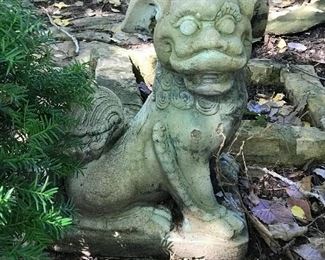 One of 2 Foo Dog cement statues