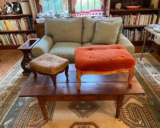 Ethan Allen silk and down filled settee; Antique American coffee table