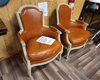 Pair of Antique Louis XVI Bergere Leather Upholstered Chairs