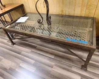 Hand Forged Wrought Iron Accent Table with Unique Reclaimed 18th Century Strapped Hinged Shutter