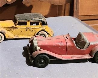 Vintage Cast Iron Cars. (red Hubley Kiddy Toy #405) (yellow no marking)