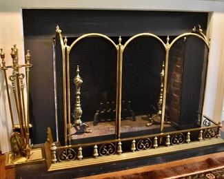 Brass fireplace tools, fender, fire screen and andirons