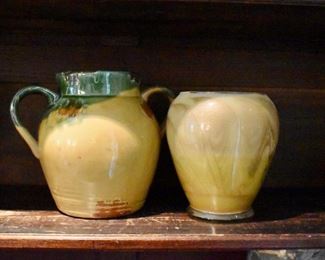 Pottery pitcher and glass vase