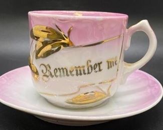 Antique Pink White Remember Me Teacup and Saucer Gold Gilt