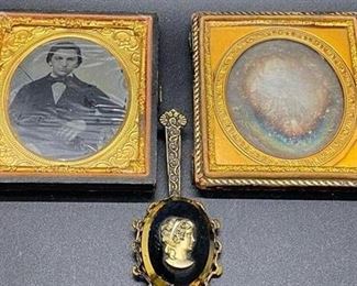Pair of Antique Tintype Photographs Glass Cameo Brooch Pin