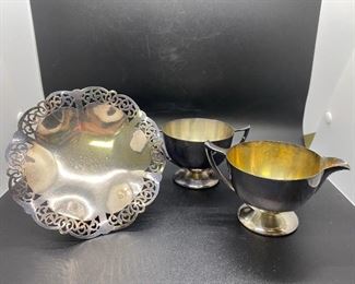 Silver Plate Lace Edge Pedestal Dessert Plate and Cream Sugar Set