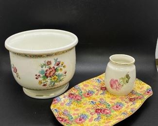 Three Piece Mixed Floral Porcelain China Lot Chintz Pink Roses Coalport Royal Winton
